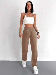 RueChic Solid Elastic Waist Sweatpants - Mocha Brown - View 3