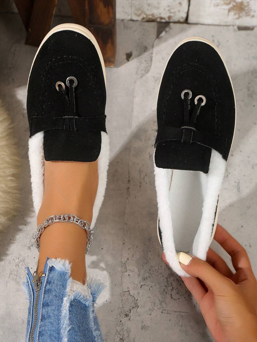Zapatos Para Mujer, Casuales, Elegantes, Cómodos, De Punta Redonda, Color Negro, Planos, Sin Cordones, Con Forro Interior Cálido - Blanco y Negro - Ver 1