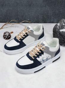 2024 Hàng mới về Giày thể thao bằng da sang trọng mùa đông chắp vá dành cho nam có khối màu cắt thấp, nhiều màu sắc, giày trượt băng đi bộ đường phố sang trọng ngắn (Mẫu ngẫu nhiên) - Màu xanh hải quân - Xem 2