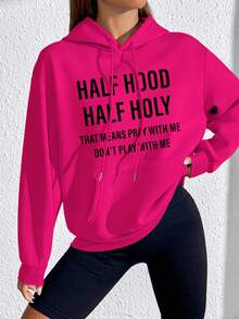 SHEIN Essnce Women's Letter Printed Kangaroo Pocket Drawstring Hoodie - Hot Pink - View 4
