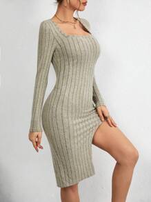 SHEIN Unity Women's Side Slit Square Neck Dress - Apricot - View 4