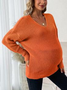 SHEIN Maternity Deep V-Neck Ribbed Knitted Drop Shoulder Sweater - Orange - View 5