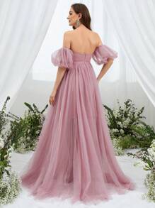 Maternity Off Shoulder Puff Sleeve Mesh Gown Elegant Dress, For Party - Dusty Pink - View 3