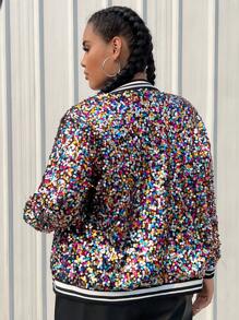 SHEIN Essnce Women's Plus Size Sequin Baseball Jacket Winter Fall Autumn - Multicolor - View 2