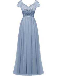 V-neck luxurious beaded light dress - Dusty Blue - View 3