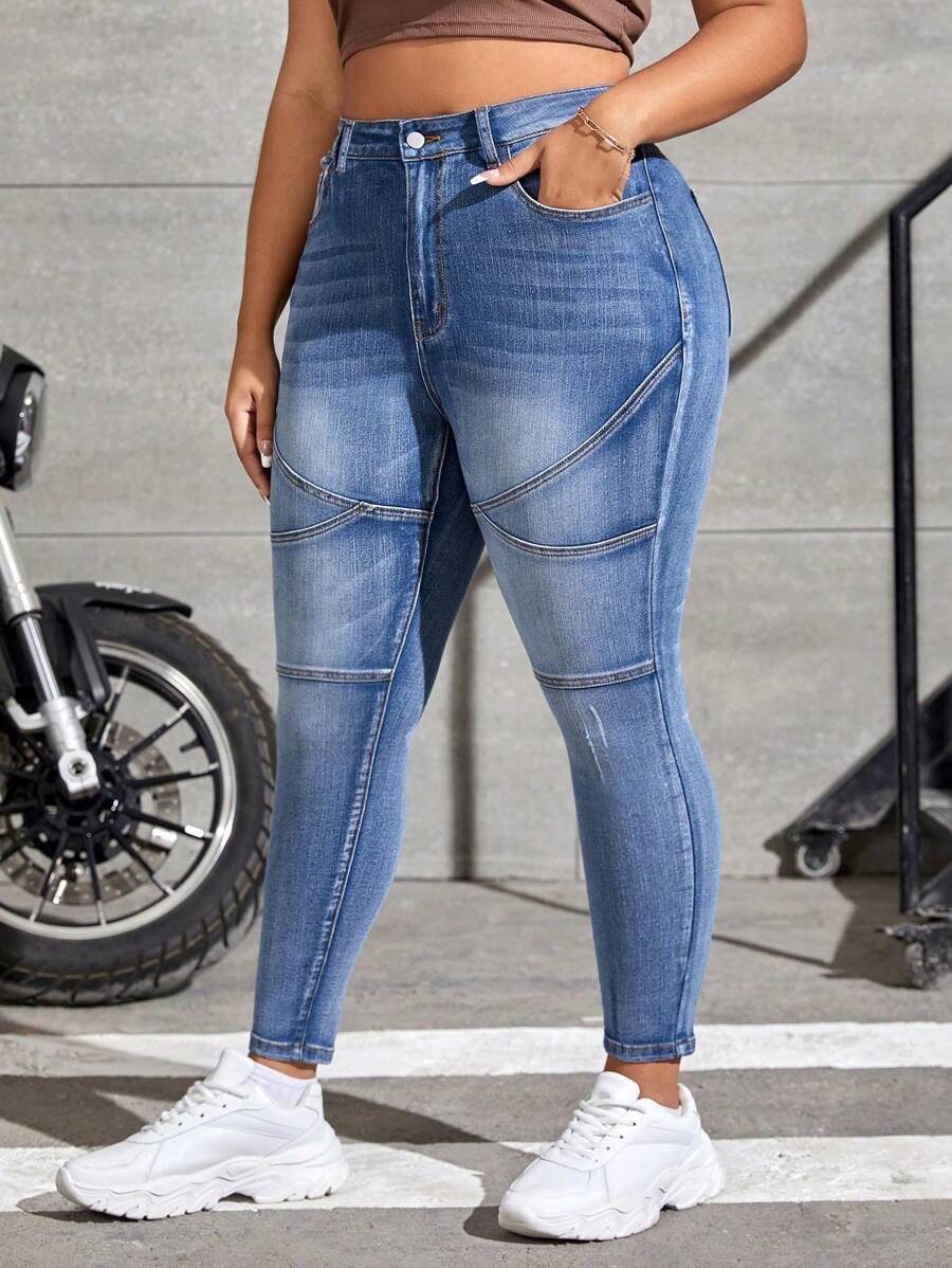 SHEIN EZwear Jeans Ajustados De Moda De Talla Grande - Azul lavado medio - Ver 1