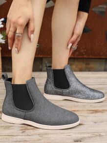 Women's Elegant Chelsea Boots, Fall/winter, Thin Plush Lining, Elastic Design, Flat Sole, Shiny Look, Ankle Boots