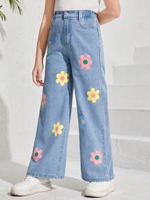 SHEIN 少女休閒舒適寬腿牛仔褲,可愛的多巴胺著色區塊和花卉印花,淺色洗水藍