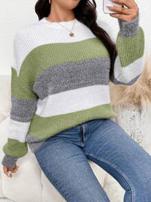 SHEIN Frenchy Kích thước lớn Vòng cổ Tương phản Màu sắc Thả vai Áo len - màu xanh lá - Xem 4