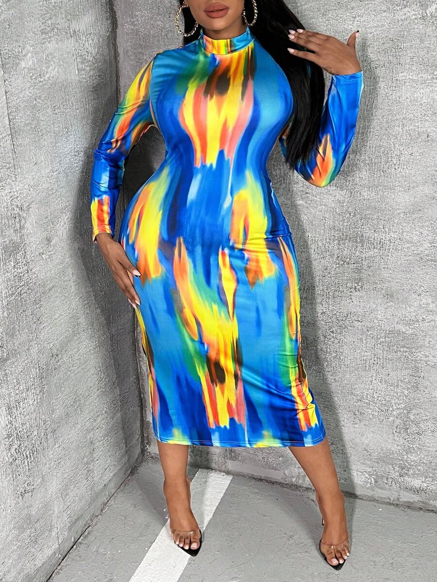 Slaydiva Plus Tie Dye Mock Neck Bodycon Dress - Multicolor - View 1