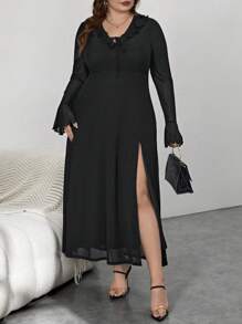 SHEIN Privé 加大碼荷葉邊波浪袖分叉連衣裙 - 黑色 - 查看 6