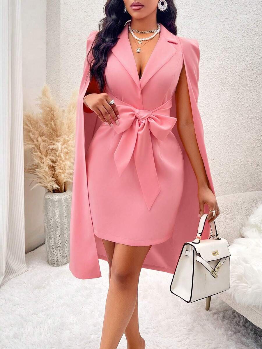 SOLERSUN 翻領斗篷袖前打結連身裙 - 粉色 - 查看 1