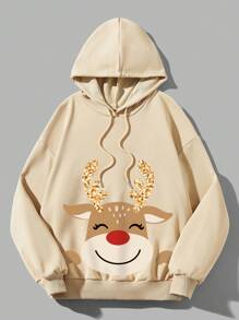 SHEIN EZwear Nai sừng tấm Giáng sinh In Dây rút Hoodie - Màu Khaki - Xem 5