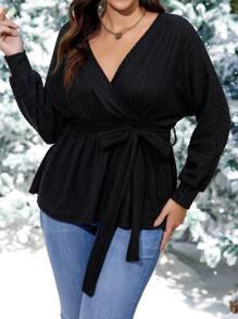 SHEIN LUNE 女款大尺碼 V 領落肩 T 卹(搭配腰帶) - 黑色 - 查看 3