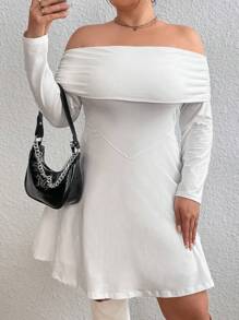 Flirla Plus Size Open Shoulder Casual Dress - White - View 4