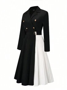 SHEIN Clasi Plus Two Tone Double Breasted Pleated Hem Dress - Black and White - View 4