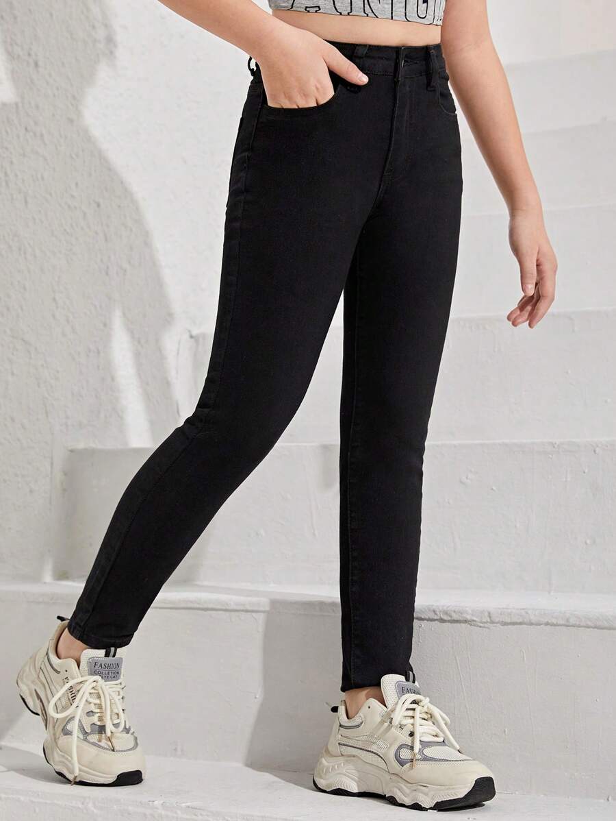 SHEIN Explorewe Tween Girl Solid Slant Pocket Jeans - Black - View 1
