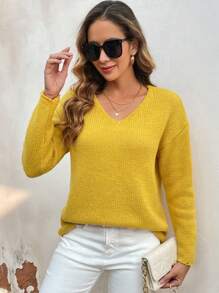 SHEIN LUNE Của phụ nữ Màu thuần Thả vai Áo len - Màu vàng - Xem 5