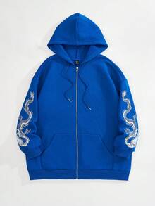 SHEIN EZwear Plus Size Chinese Dragon Print Zip Up Drop Shoulder Sweatshirt - Blue - View 5