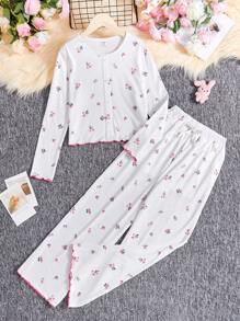 SHEIN Tween 女孩寬鬆休閒拼色和花卉印花長袖上衣和褲子家居服套裝