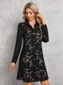 SHEIN Tall Vestido Abotonado De Jacquard Para Mujer Con Dobladillo Con Volantes - Negro - Ver 4