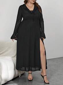 SHEIN Privé 加大碼荷葉邊波浪袖分叉連衣裙 - 黑色 - 查看 4