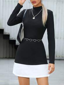 SHEIN Essnce 小高領邊緣拼接洋裝 - 黑與白 - 查看 4