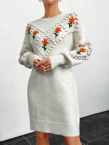 SHEIN 女性花卉圖案落肩袖小絨球針織毛衣洋裝