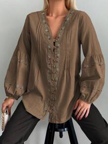 SHEIN Cottnline Floral Embroidered Lantern Sleeve Blouse - Brown - View 4