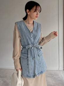 FRIFUL Women's Belted Denim Vest Jacket - Medium Wash - View 7