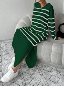 EURMUSE Striped Knit Sweater Dress With Split Hem - Green - View 4