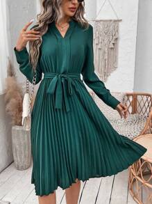 SHEIN Clasi 女士百褶襯衫連衣裙 - 綠色 - 查看 5