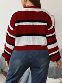 Flirla Ngắn Sọc Áo len Áo chui đầu - Đỏ - Xem 2