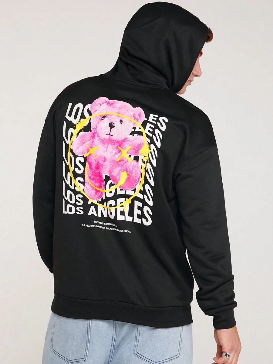 Manfinity VCAY Áo hoodie rộng rãi in chữ và hoạt hình cho nam mặc thường ngày, cho mùa thu đông - màu đen - Xem 1