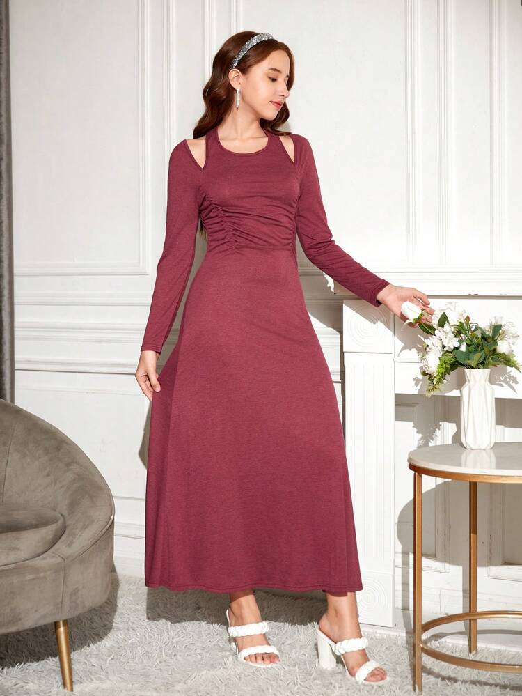 Teenage Girls' Elegant Halter Neck Drawstring Waist Long Dress With Pleated Design