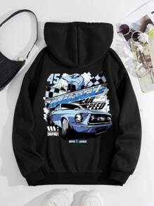 SHEIN EZwear Women's Racing Print Hoodie Sweatshirt With Back Print - Black - View 1