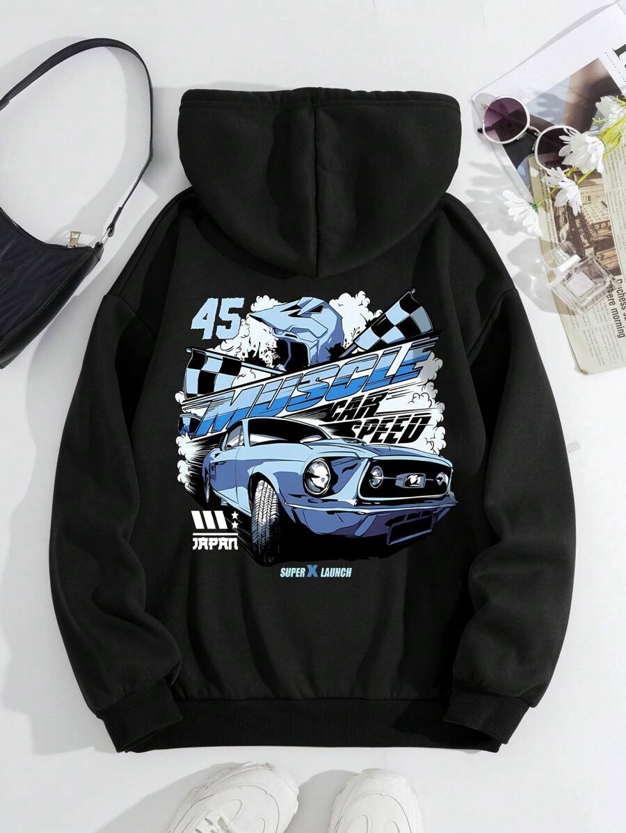 SHEIN EZwear Women's Racing Print Hoodie Sweatshirt With Back Print - Black - View 1