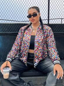 SHEIN Essnce Women's Plus Size Sequin Baseball Jacket Winter Fall Autumn - Multicolor - View 5