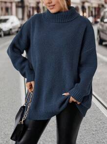 SHEIN LUNE Plus Size Women's High Neck Pullover Sweater Knit Pullover Fall Winter Sweater - Dusty Blue - View 3