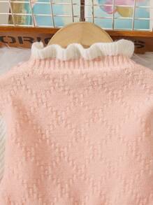SHEIN 女童半高领撞色灯笼袖荷叶边毛衣连衣裙 - 粉色 - 查看 6