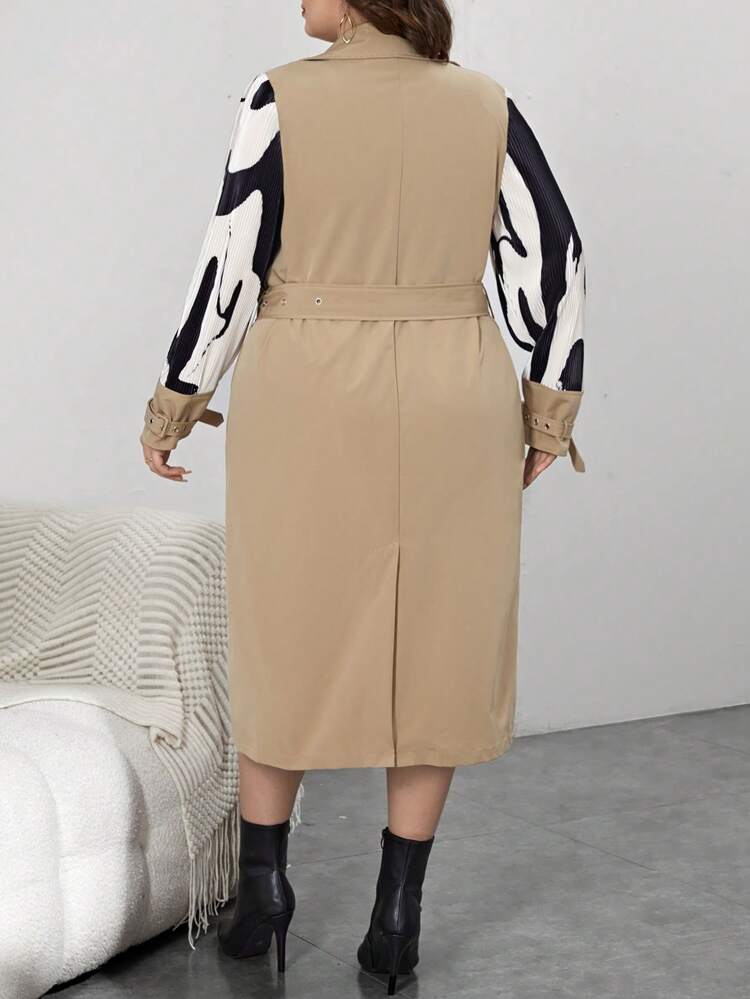 Plus Graphic Print Double Breasted Belted Trench Coat