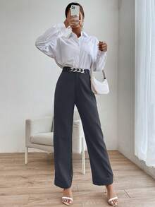 SHEIN Privé Solid-colored Straight Leg Trousers/pants - Dark Grey - View 4