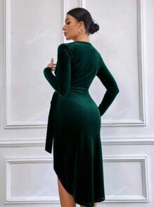 Velvet V-neck Wrap Dress With Side Tie