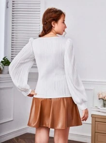 SHEIN 少女方領泡泡袖t恤 - 白色 - 查看 7