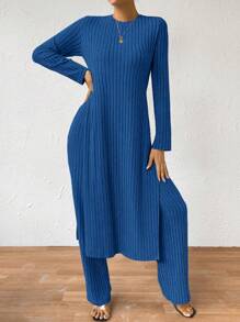 SHEIN LUNE Bộ quần áo thun tay ngắn dệt kim có gân thiết kế xẻ tà - Màu xanh lam - Xem 6