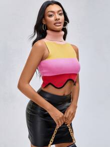 ISELACOS 色塊帶鉸邊縐領短款針織上衣 - 彩色 - 查看 4