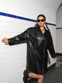 SHEIN Coolane Plus Size Pu Leather Zipper Front Jacket With Drop Shoulder Design - Black - View 6