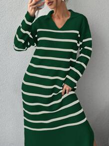 EURMUSE Striped Knit Sweater Dress With Split Hem - Green - View 1