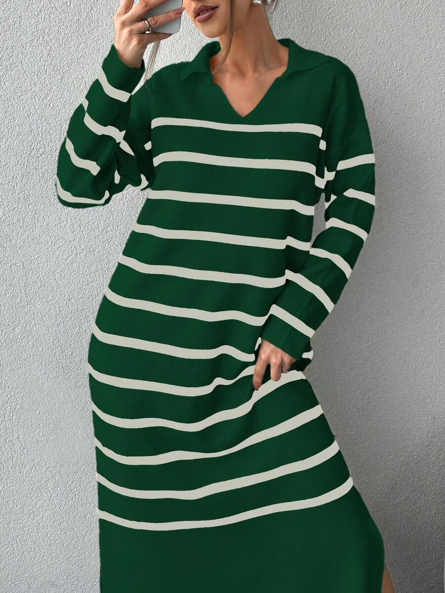 EURMUSE Striped Knit Sweater Dress With Split Hem - Green - View 1