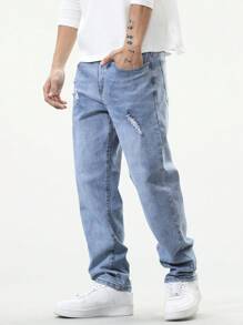 Manfinity EZcore 男士斜口口袋破洞直筒牛仔褲，寬鬆洗水光面藍色連帽衫街頭穿搭調韻